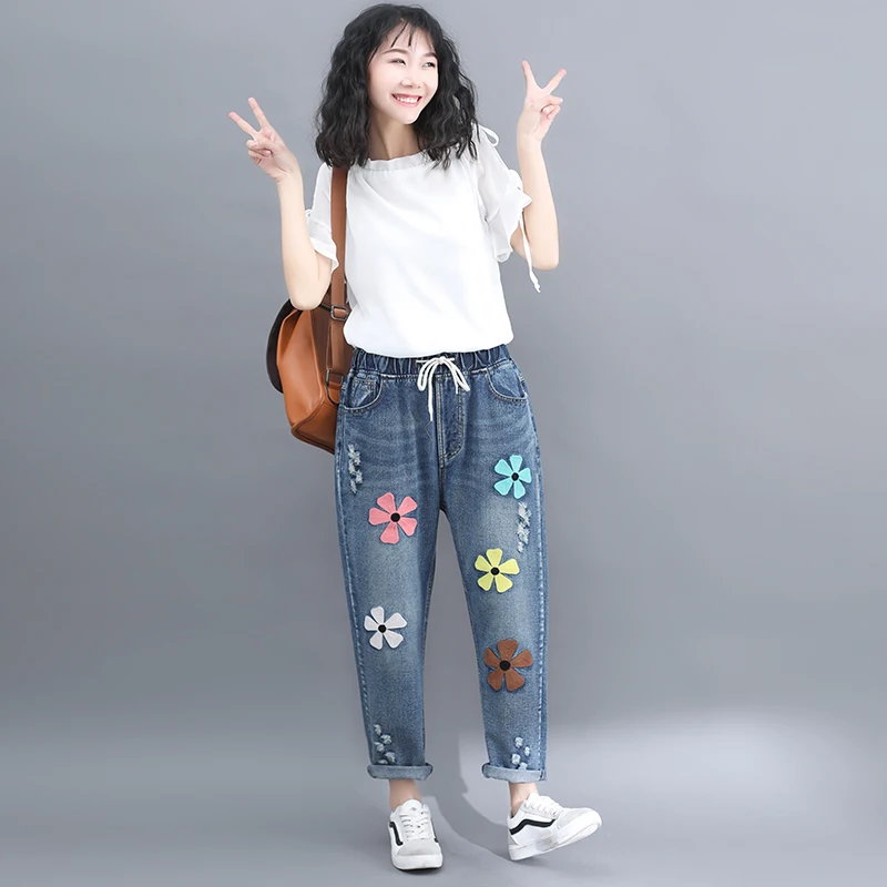 

Jeans woman summer2019 new embroidered worn nine points denim literary loose elastic waist large size xxxl