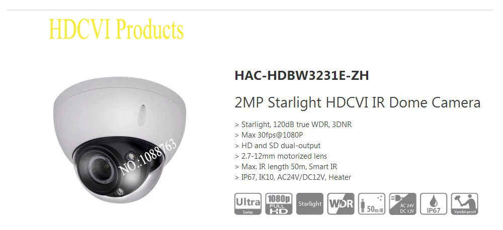 Free Shipping DAHUA CCTV Security Camera 2MP Starlight HDCVI IR Dome Camera IP67 IK10 without Logo
