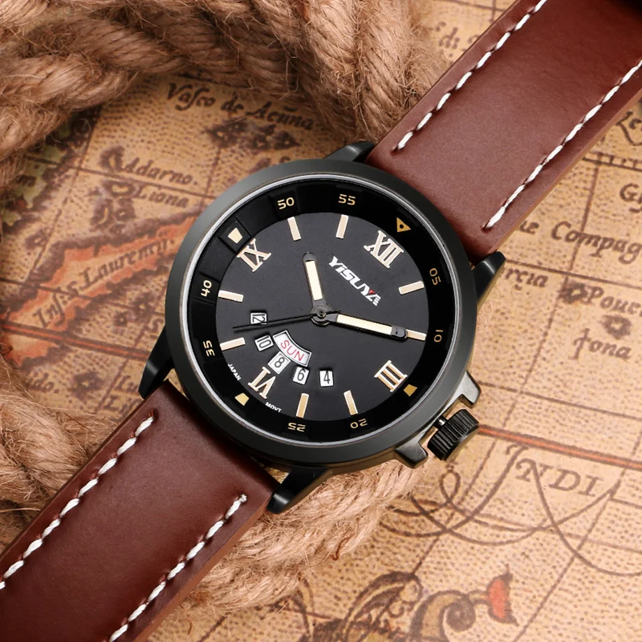 YISUYA Top Mens Watches Date Week Display Quartz Wristwatches Men Military Pilot Roman Numbers Male Sports Genuine Leather Clock (14)