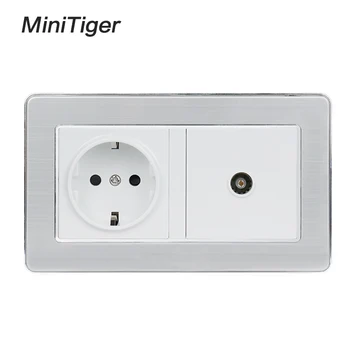 

Minitiger 16A Russia Spain EU Standard Power Socket Grounded With Female TV Jack Stainless Steel Brushed Panel Wall Outlet