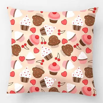 

Brown And Pink Cupcakes, Hearts And Cherries Throw Pillow Wedding Decorative Cushion Cover Pillow Case Customize Gift Pillowcase
