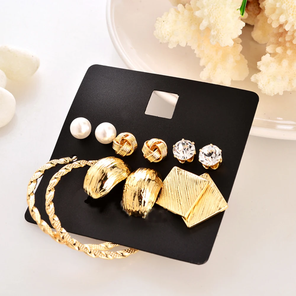 

Hot Fashion 6 pairs Earring Sets Gold Color Alloy Geometric Rhinestone Mixed Week Earrings Set for Women