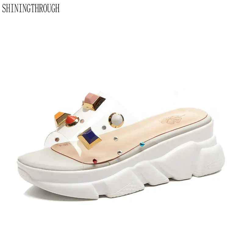 

Women Transparent Clear PVC Platform Wedge Outdoor Slippers Girl String Bead High Heel Thick Sole Summer Slides