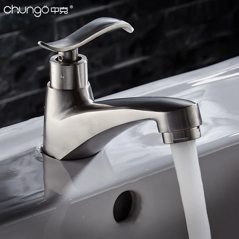304 Stainless Steel Kitchen Faucets Brushed Silver Bathroom Basin Faucets Single Handle Hole