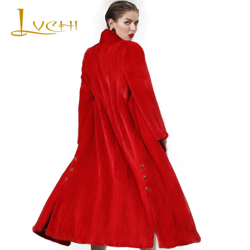 Зимние 2019 красные шубы из натурального меха норки LVCHI Женское пальто Длинные