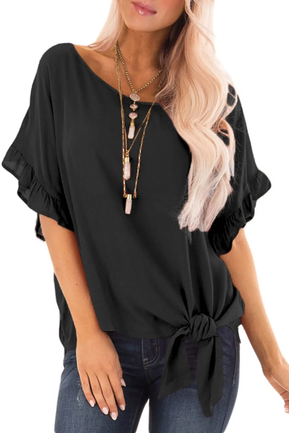 Black-Ruffled-Sleeve-Blouse-with-Front-Knot-Detail-LC251838-2-1