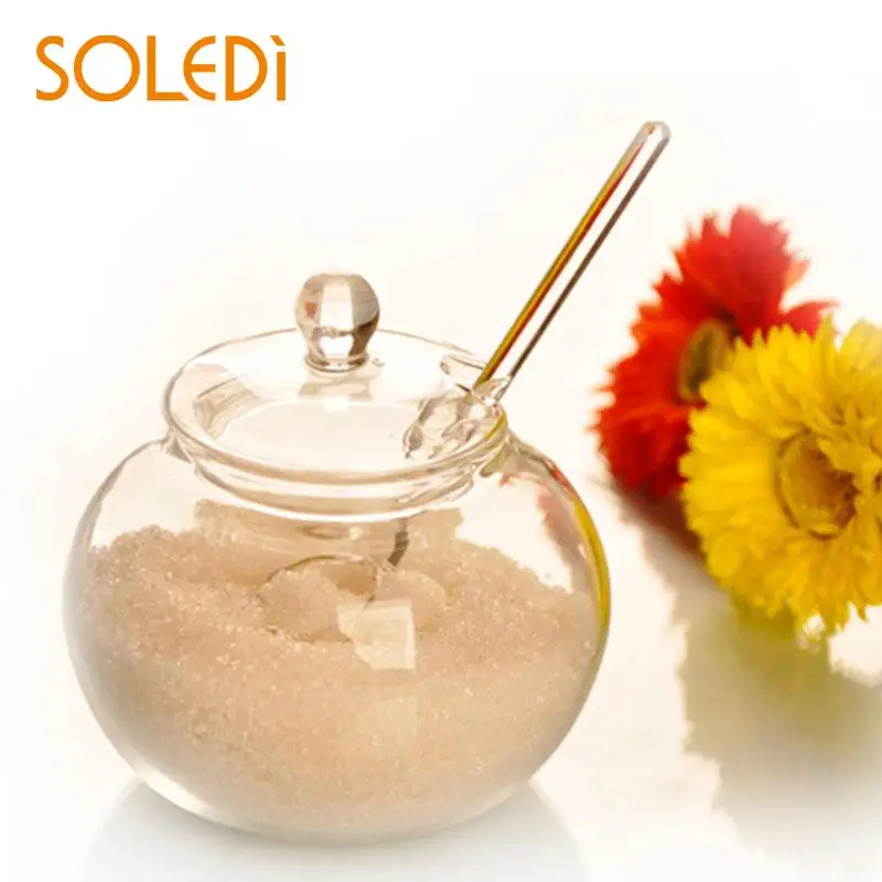 SOLEDI 250ml Household Crystal Glass Jar Candy Sugar Bowl Saleros De Cocina Glass Caster with Spoon Kitchen Cooking Accessories