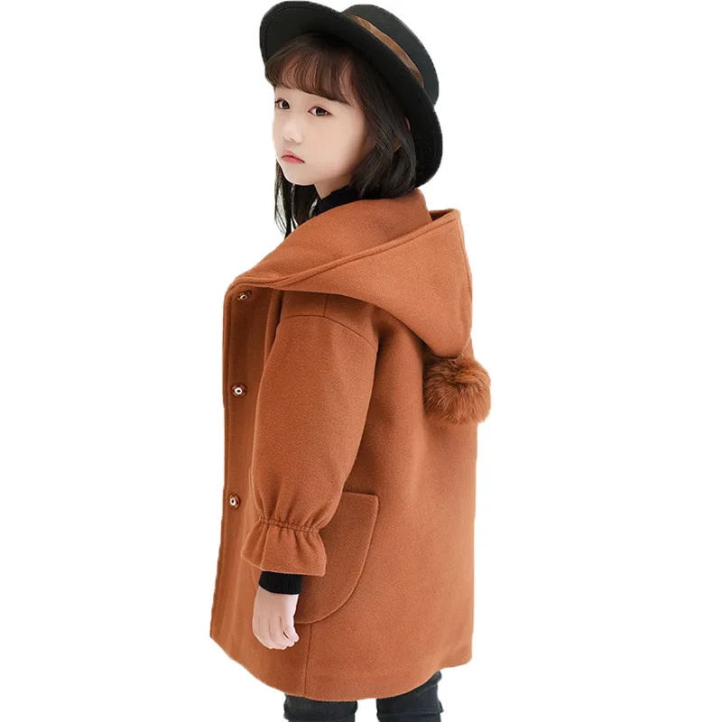 

DZIECKO fashion Winter Girls Wool Coats Children's Cotton Hooded Jackets Single-breasted Long Coats For Teenage Girls 4-10Y