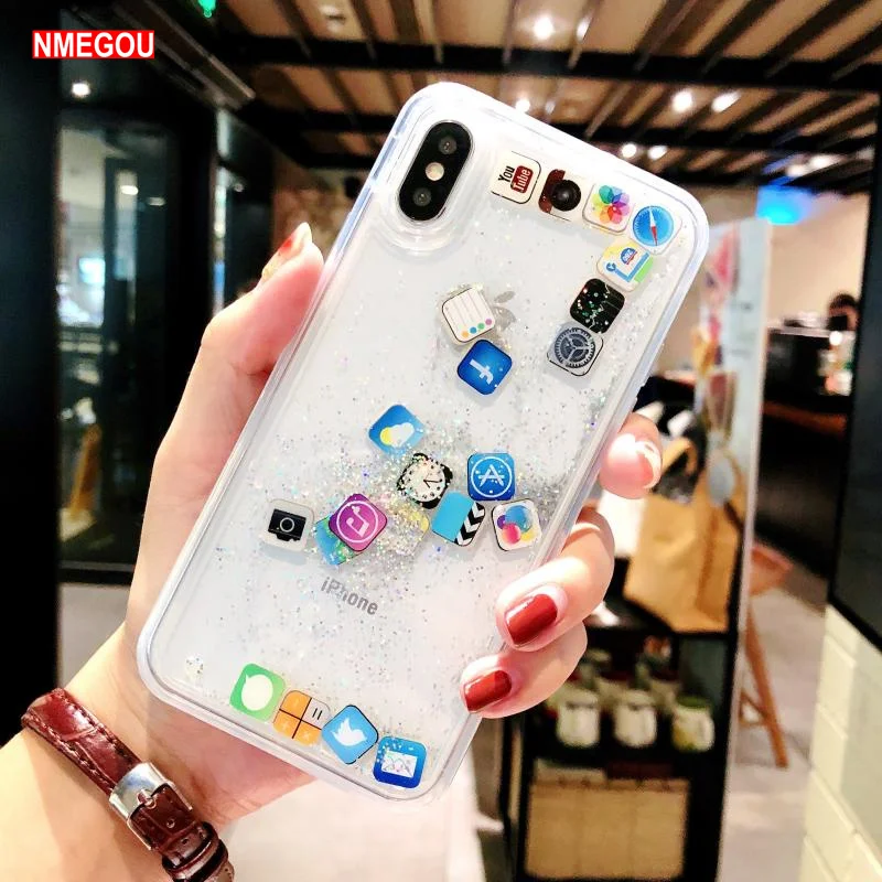 

For IPhone Xs Max Xr X 6 6s 7 8 Plus Liquid Glitter Quicksand Silicone Soft Tpu Case Cute Coque Water Cover for Apple App Icon