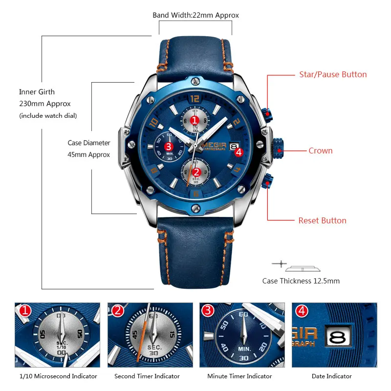 MEGIR мужские хронограф кварцевые часы кожа ремешок армейские спортивные повседневные наручные часы мужские Relogios Masculino часы 2074 синий