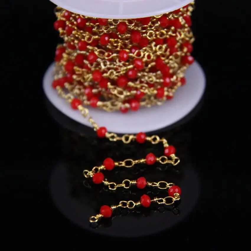 

5Meters,3x4mm Red Glass Beaded Chain Charms,Faceted Rondelle Gold Link Rosary Chain DIY Necklace Crafts Jewelry