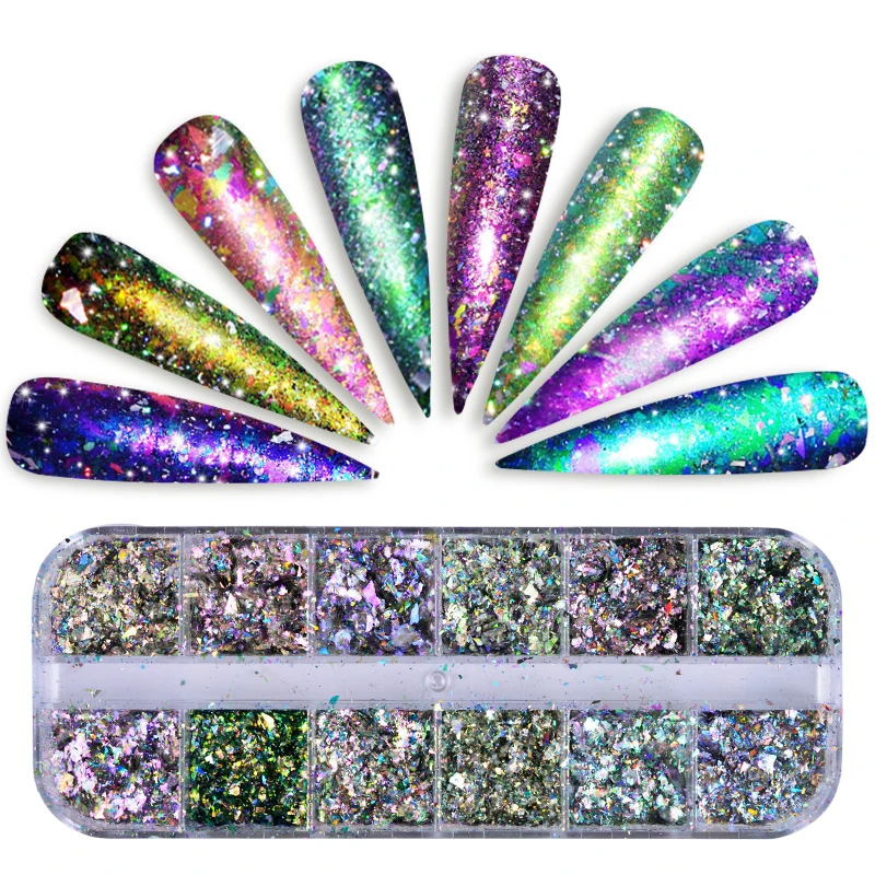 

1 Set 12 Grid Chameleon Nail Sequins Irregular Nail Glitter Paillettes Nail Flakes Glitter Powder for UV Gel Polish SABSZ