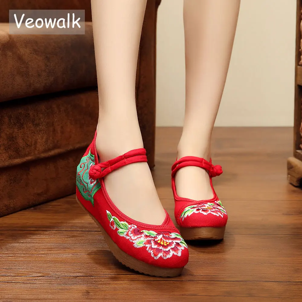 Veowalk Mary Jane Women Canvas Shoes Ladies Flower Cotton Embroidered