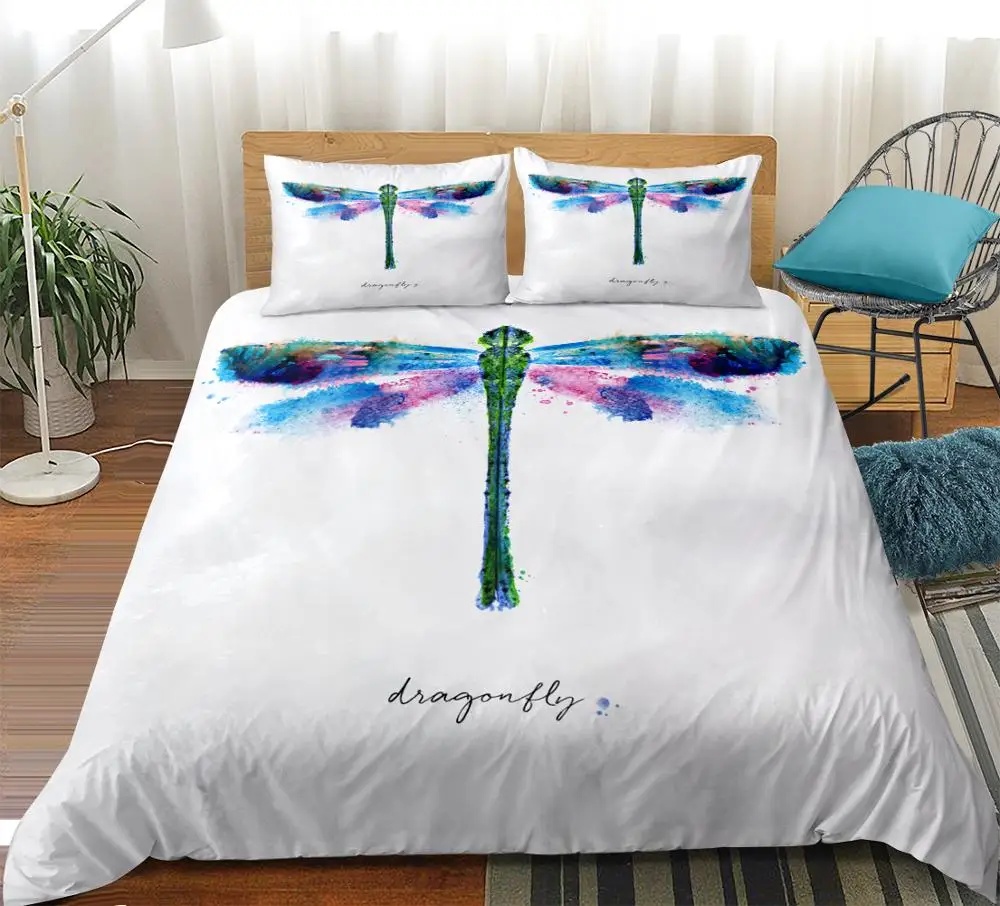 

3D Dragonfly pattern Duvet cover set White Bedding set 3pcs kid teen Bedding Ultra soft bed set queen king home textiles