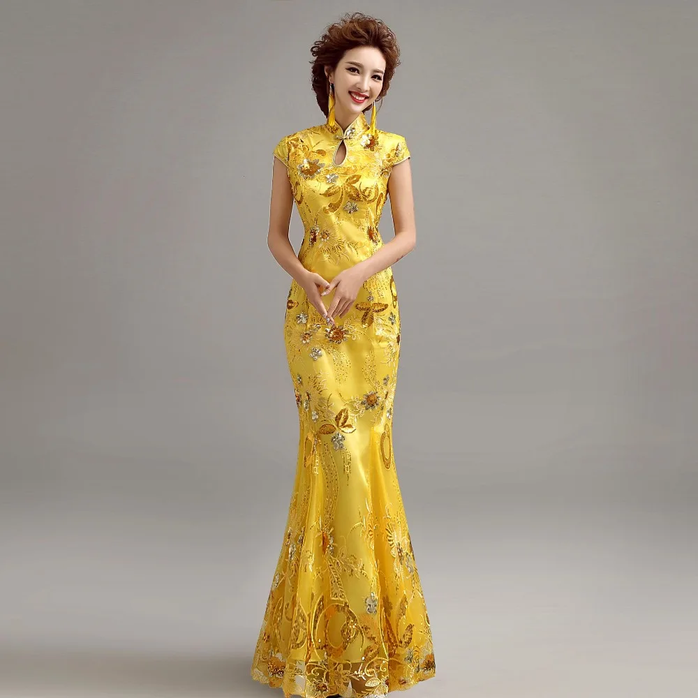 Традиционная китайская одежда для свадьбы cheongsam платье с пайетками qipao женские платья китайское традиционное платье на заказ желтый