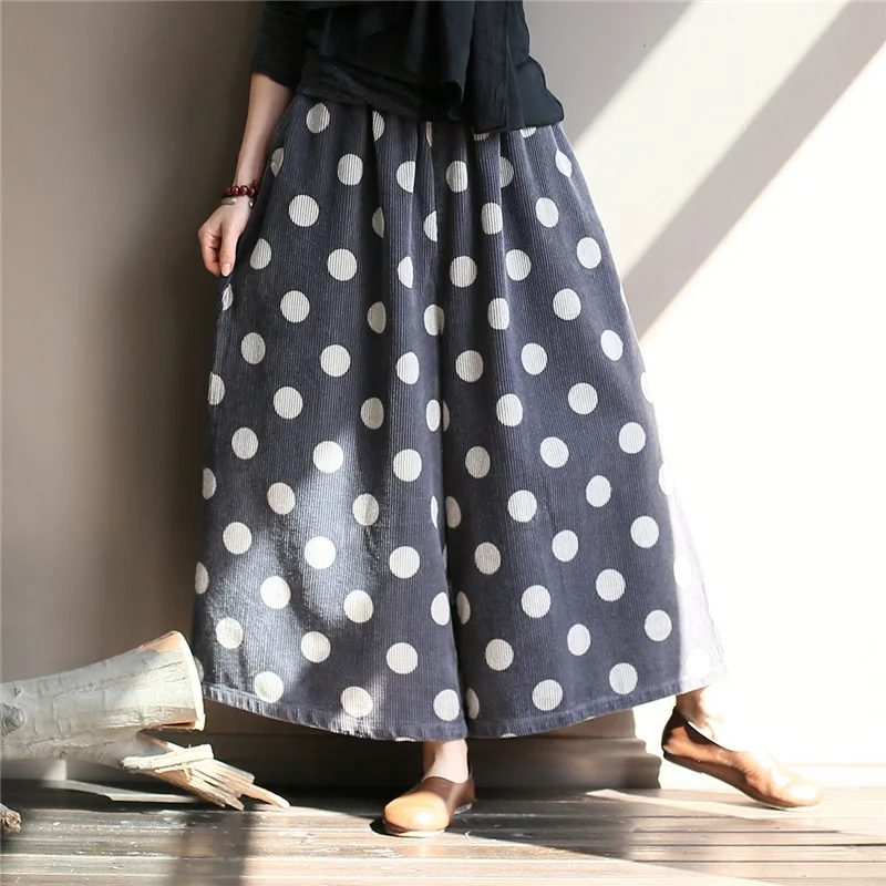 

New Women's Dots Printed Pants 2018 Women Autumn Winter High Wait Elastic Wide Leg Pants Casual Loose Corduroy Cropped Trousers