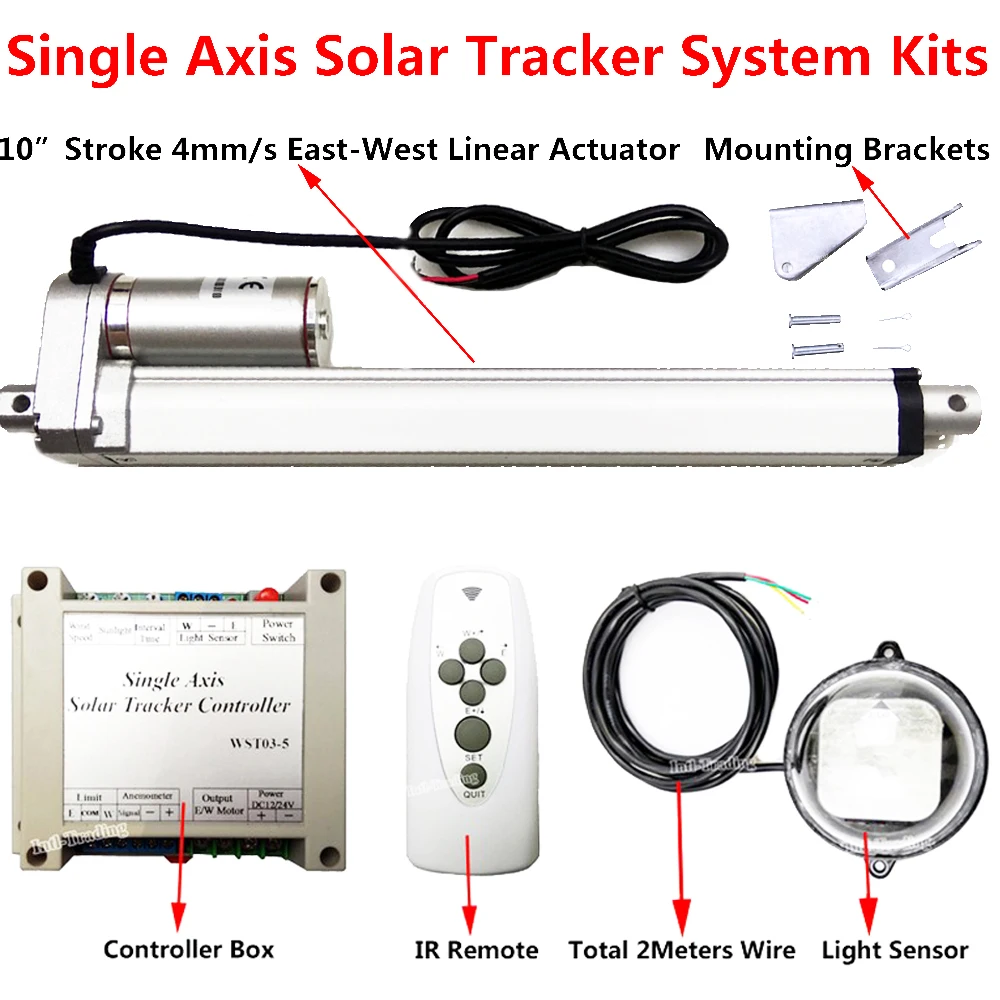 Полный комплект: система слежения за солнечной батареей с одной осью, линейный привод 250 мм/10 дюймов и электронный контроллер и пульт дистанционного слежения за солнечным светом
