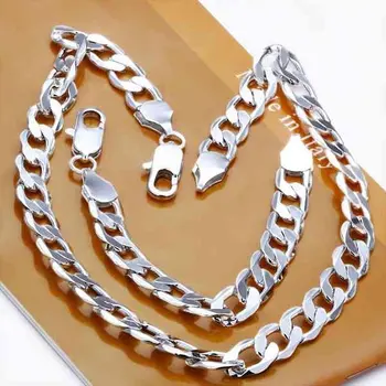 

Men's jewelry 925 stamped silver plated 12mm 20'' 50cm necklace 8'' 21cm bracelet Sets male flat link chains es Plata Bijoux