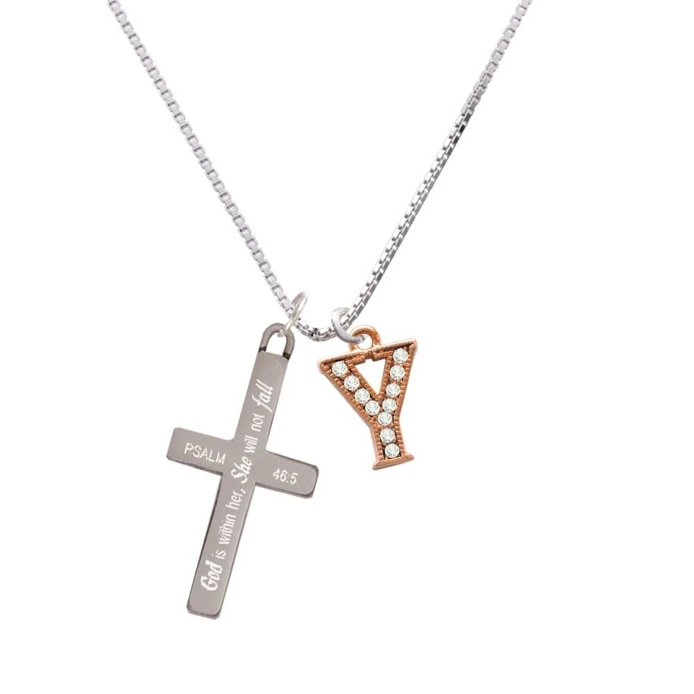 Crystal Rose Gold Tone Initial - Y - - She will not Fall - Cross Necklace