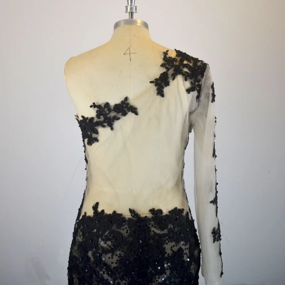 Черный с блестками Прозрачный тюль платье на одно плечо с длинным рукавом платье для выпускного с подолом в виде русалочьего хвоста платье