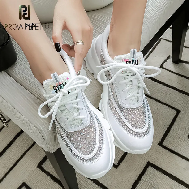 

Prova Perfetto Crystal Breathable Mesh Thick Platform Casual Shoes Luminous Leather Lace Up Sneakers Soft Flats Woman Shoes 2019