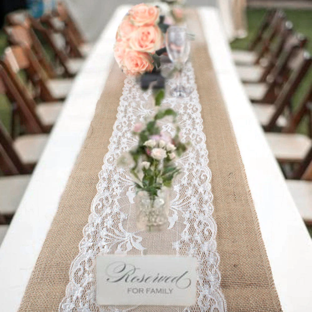Elegant Jute Table Runner Burlap Lace Table Cloth alble runners Wedding