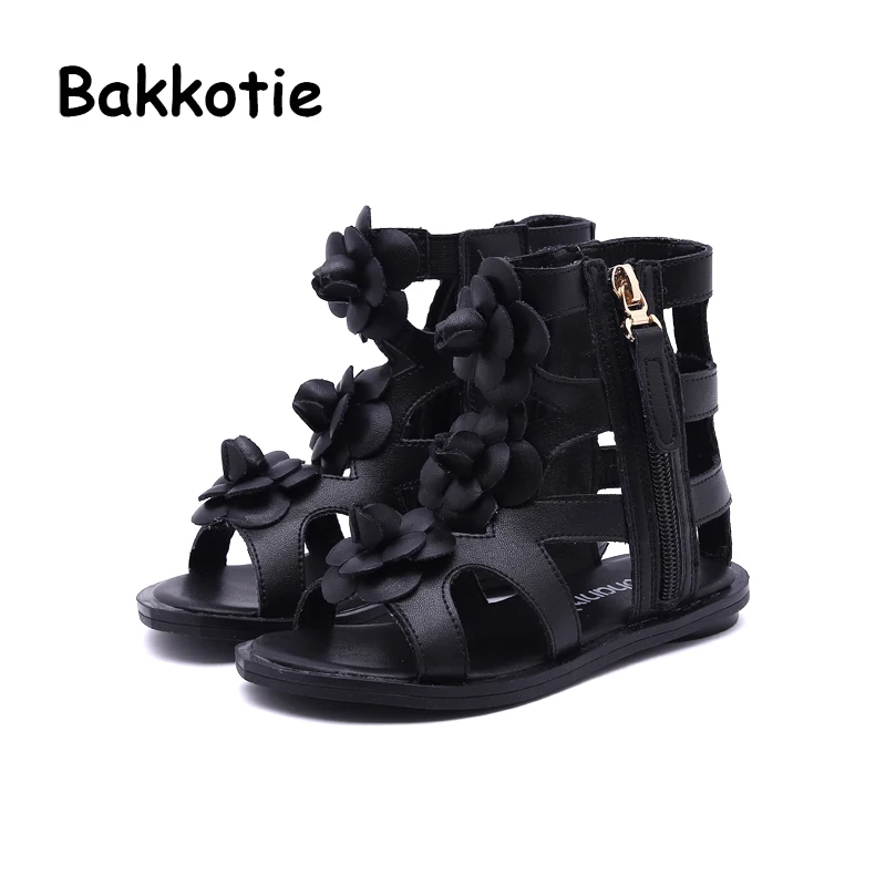 Bakkotie 2018 New Fashion Summer Baby Girl Soft Beach PU Leather Flower Gladiator Sandal Children Cute Brand Black Flat Kid Shoe