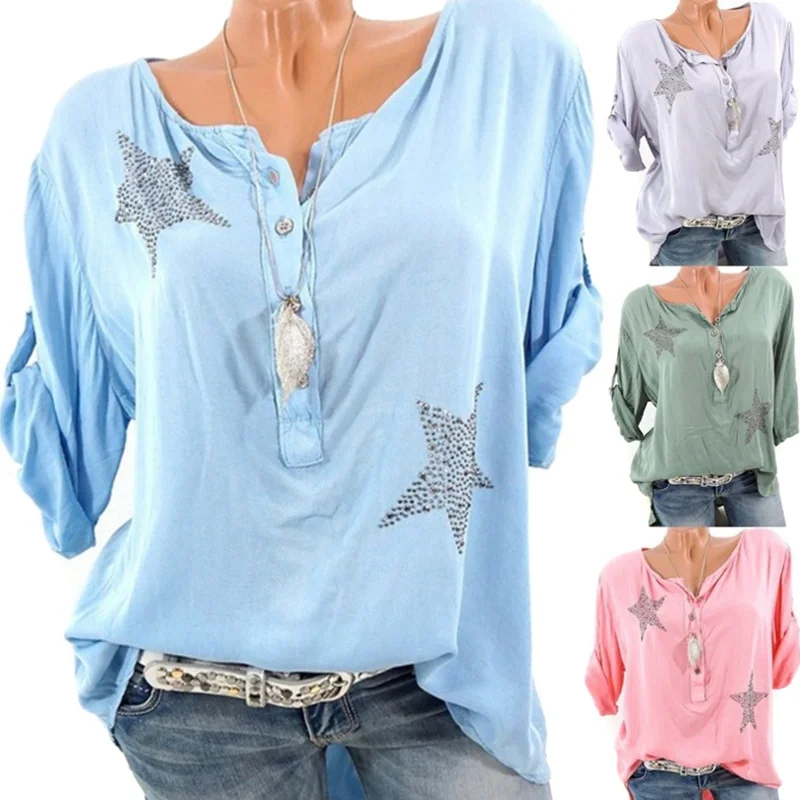 Популярные женские осенние футболки с пятиугольным горным хрусталем с длинными рукавами с круглым вырезом пуловер свободные топы MSK66