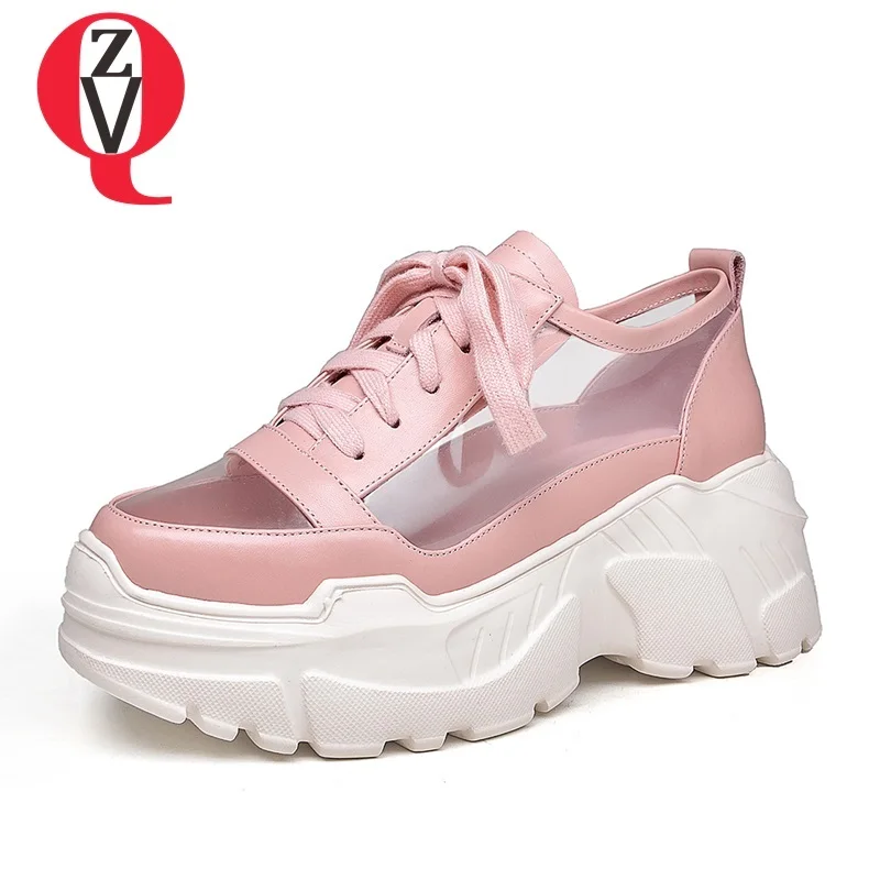 

ZVQ shoes women spring new concise casual genuine leather round toe women pumps outside high wedges platform cross-tied shoes