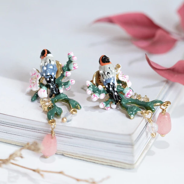

Juicy Grape Hand Painted Enamel Glaze Romantic Cherry Blossoms Bird Drop Earrings 925 Silver Needle Gilded Women Jewelry