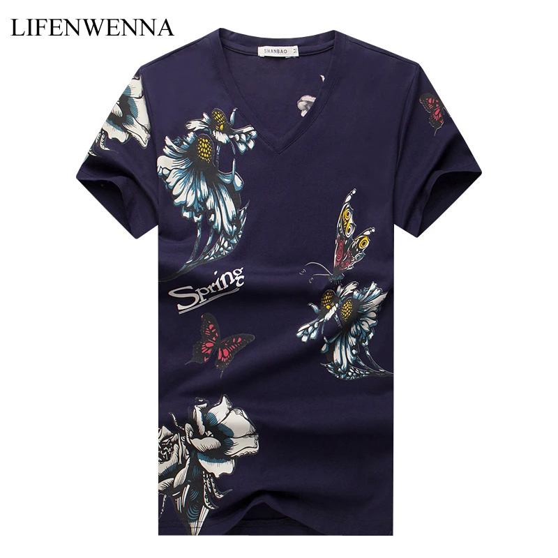 2019 여름 패션 인쇄 남자의 T 셔츠 V 목 짧은 소매 T 셔츠 남자 중국 스타일의 캐주얼 슬림 망 코튼 T 셔츠 4XL 5XL