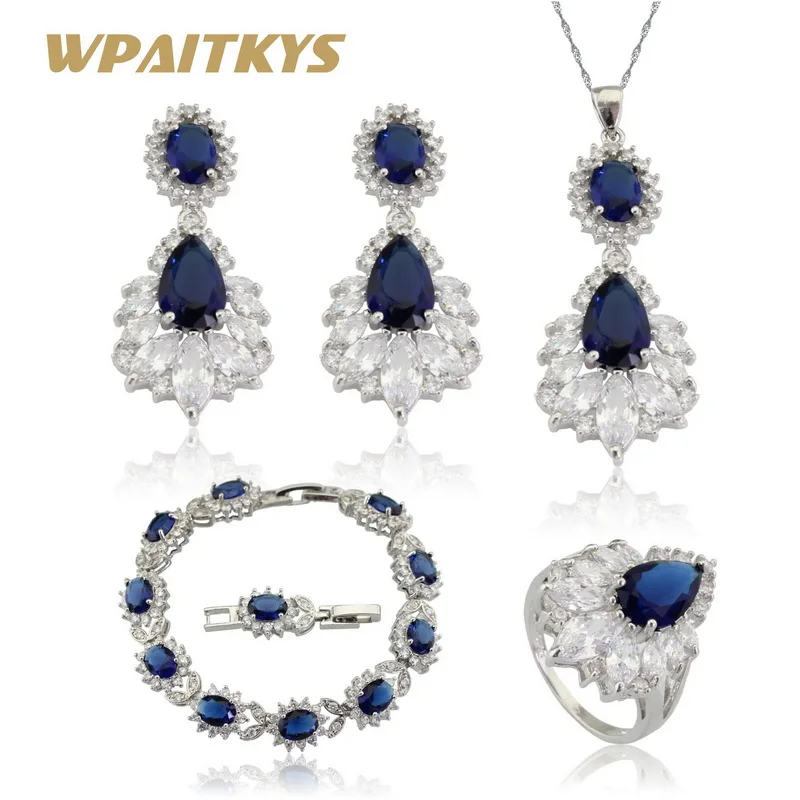 

WPAITKYS Blue Crystal Silver Color Bridal Jewelry Sets For Women Bracelets Earrings Rings Necklace Pendant Free Gift Box