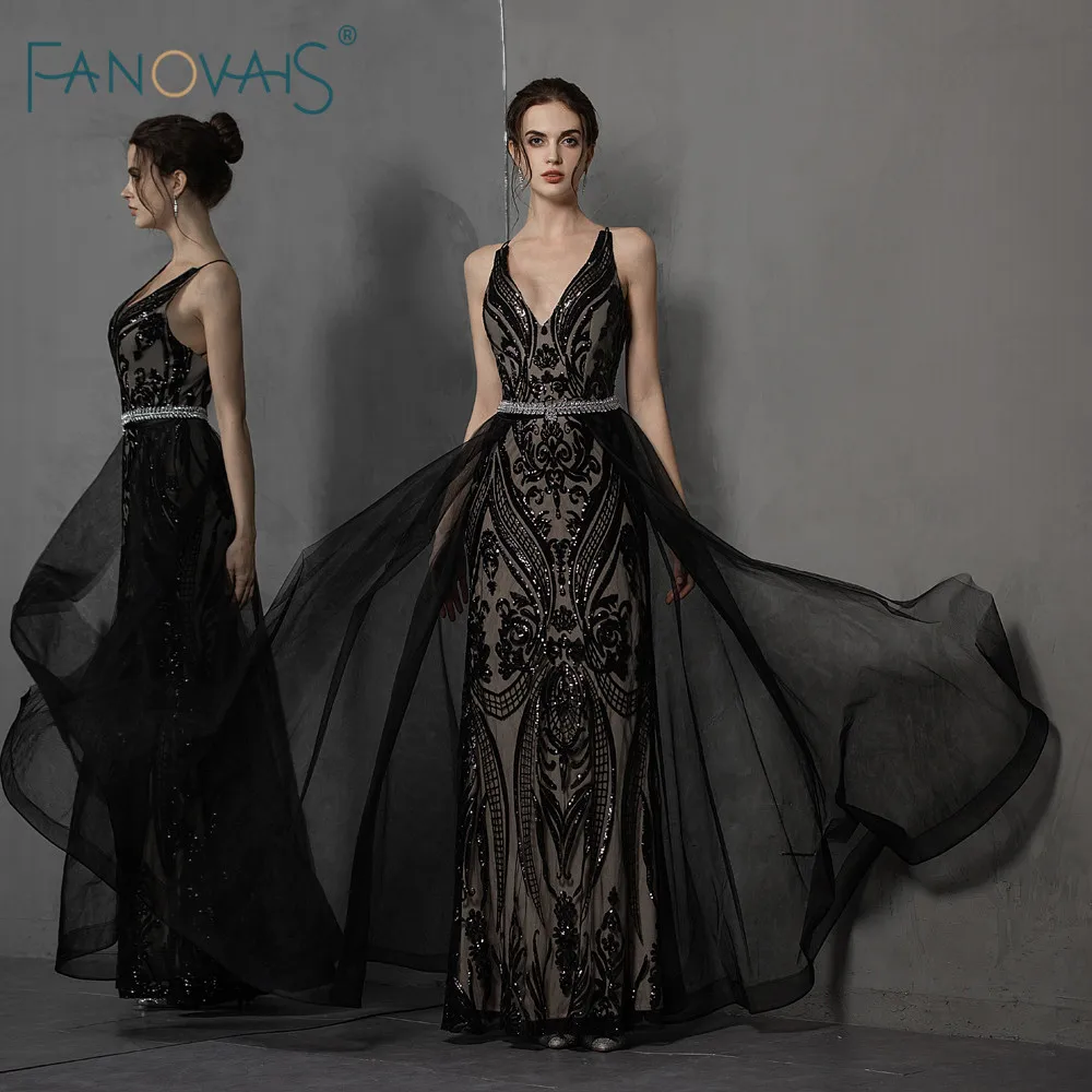 

Sexy Evening Dresses 2019 V Neck Sequin Lace Mermaid Evening Dress Removable Train Black Prom Dress Sash Vestido de Fiesta NE82