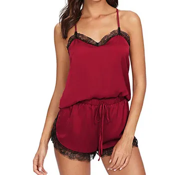 

Hot Women Sleepwear Pyjama Sets Sleeveless Strap Lace Trim Satin Cami Top Nightwear Femme Sexy Summer Home Wear Sleep Wears