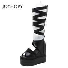 JOYHOPY толстая подошва Римские сандалии летние Для женщин ретро на танкетке женская обувь с перекрестной шнуровкой до середины икры ботинки на платформе AWS081