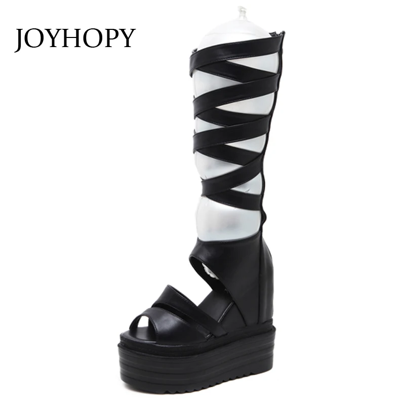 

JOYHOPY Thick Bottom Gladiator Sandals 2018 Summer Women Retro Wedges Shoes Ladies Cross Tied Mid Calf Platform Boots AWS081