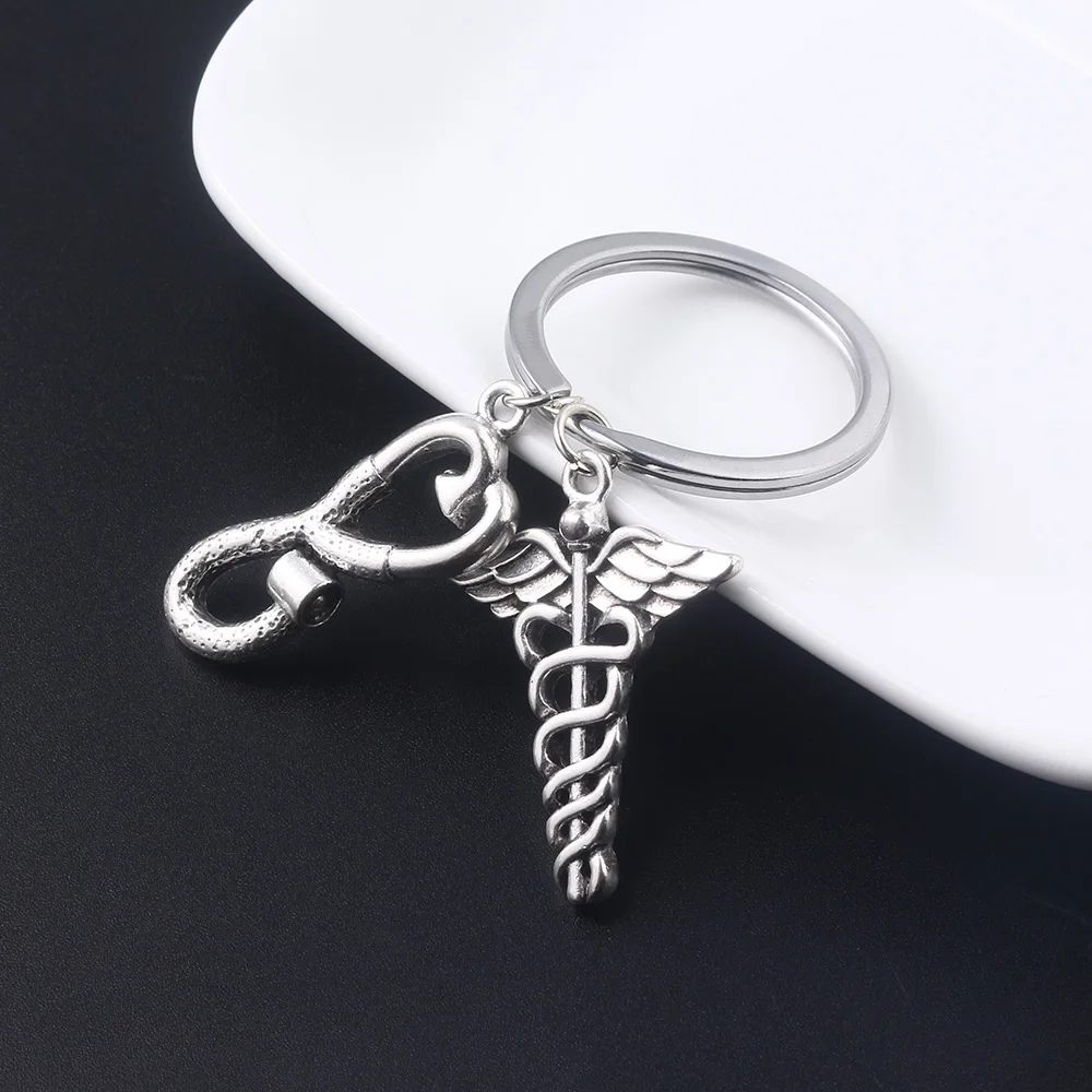 

SG New Medical Stethoscope Caduceus Keychains Chemical Biological Key Chains DNA Microscope Pendant Keyring Nurse Doctor Gift