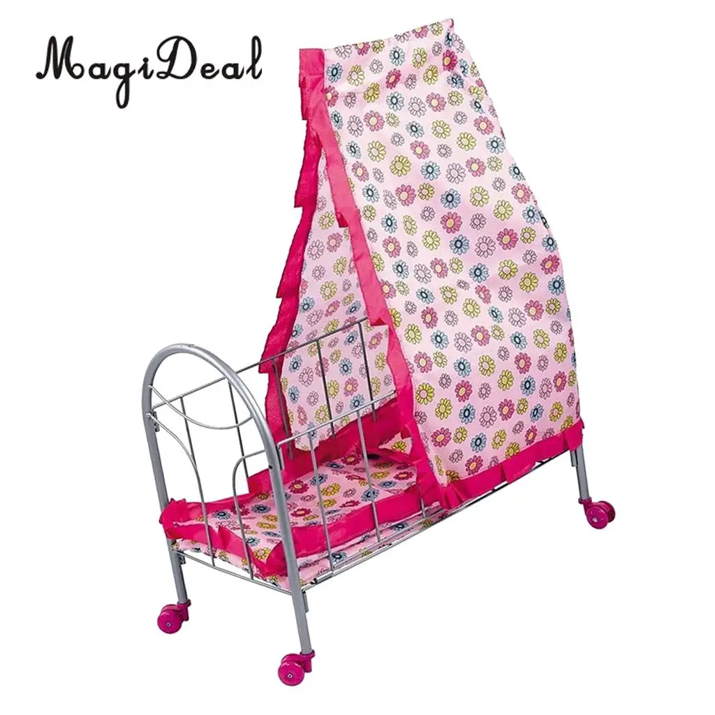 Simulation Baby Toddler Crib Bed with Tents Wheels ABS Plastic Furniture for 9-20inch Reborn Doll Supplies