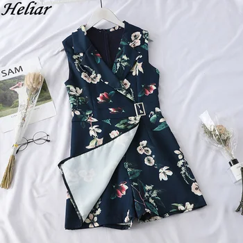 

HELIAR 2019 Women Playsuits Lady Floral Printed Pumpsuits with Sashes Rompers Lapel Sleeveless Party Cloth Female Playsuit