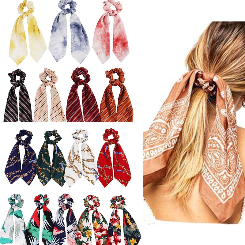 

Floral Print Scrunchie Girls Hair Scarf Elastic Tie Dye Scarf Scrunchy Hair Ties Women Chiffon Hair Scrunchies Bow Hair Ribbon