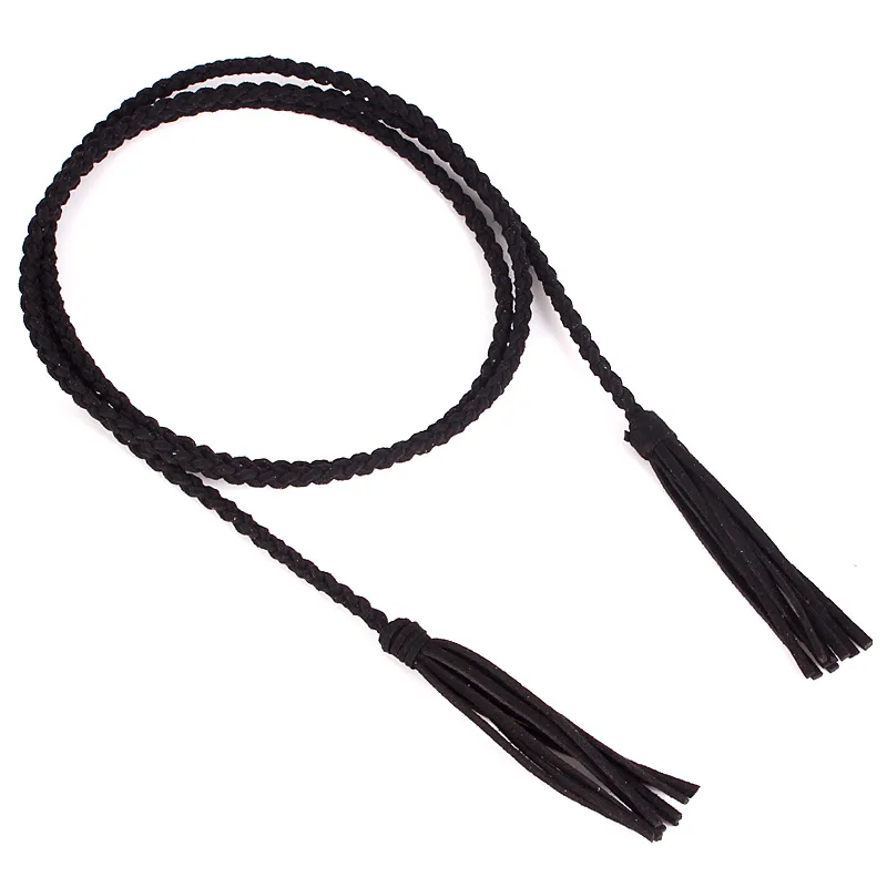 145 см длинный жевательный плетеный пояс для женщин Россия дамские утягивающие тканые ремни с кисточкой cinturones de marca N048 - Цвет: Черный