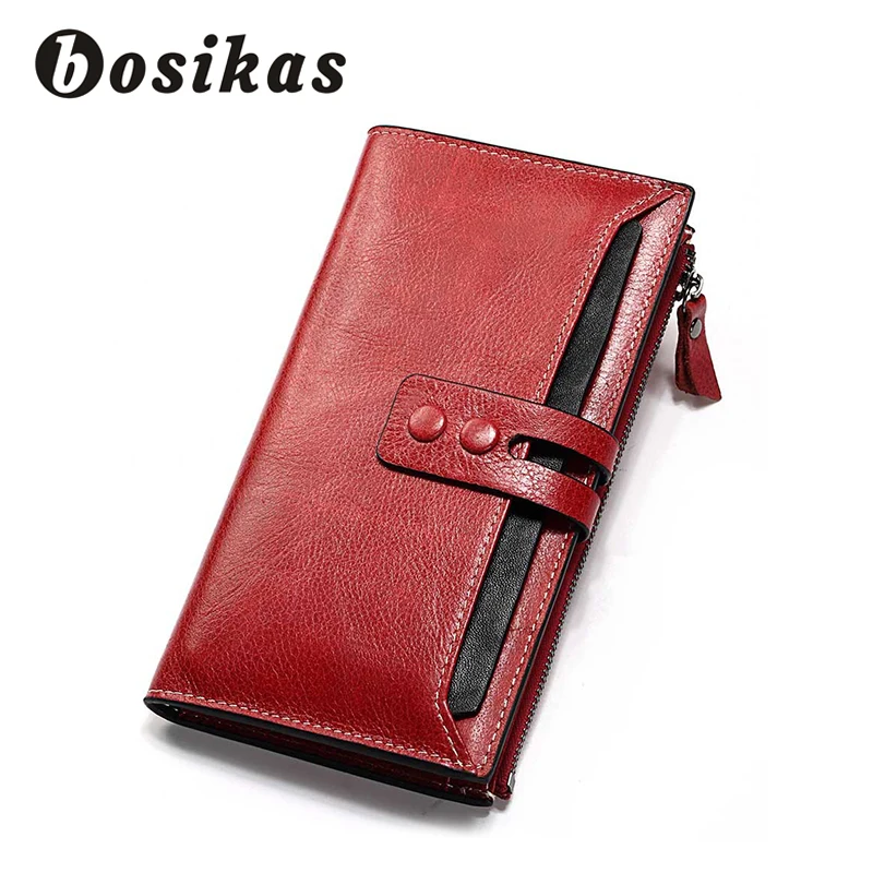 

BOSIKAS Genuine Leather Women Wallet Lady Long Wallet Female Coin Purse Clamp For Money Women'S Purse Clutch Handy Fashion Red