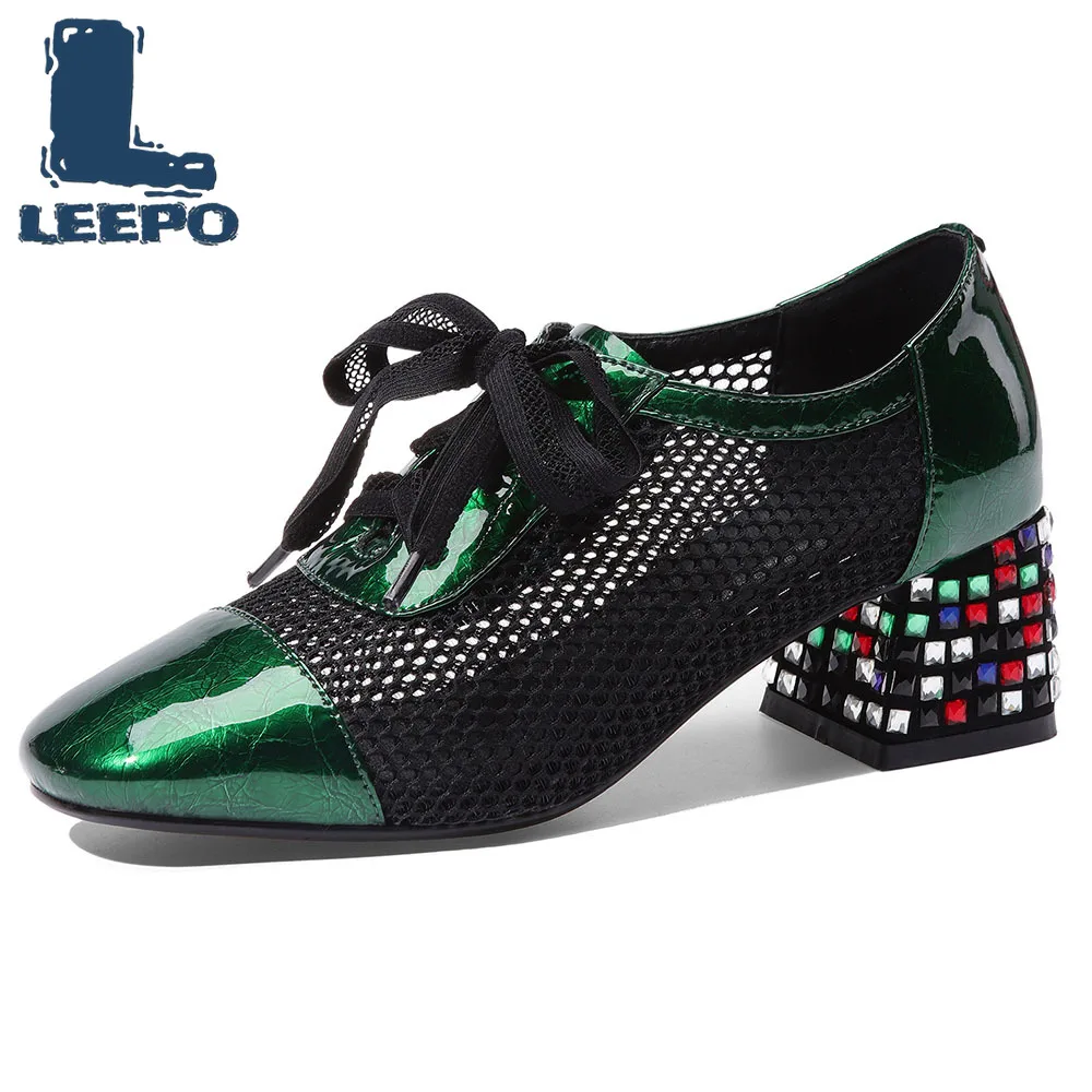 

Women Summer Hollow Pumps Luxury Brand Designer Mesh Sandals Woman Crystal Green Block Heels Shoes Ladies Large Size Pumps