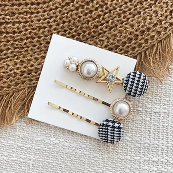

Korean Fashion Plaid Button Hairpin Sets Golden Color Elegant Pearl Barrette Sets Women Hair Clips
