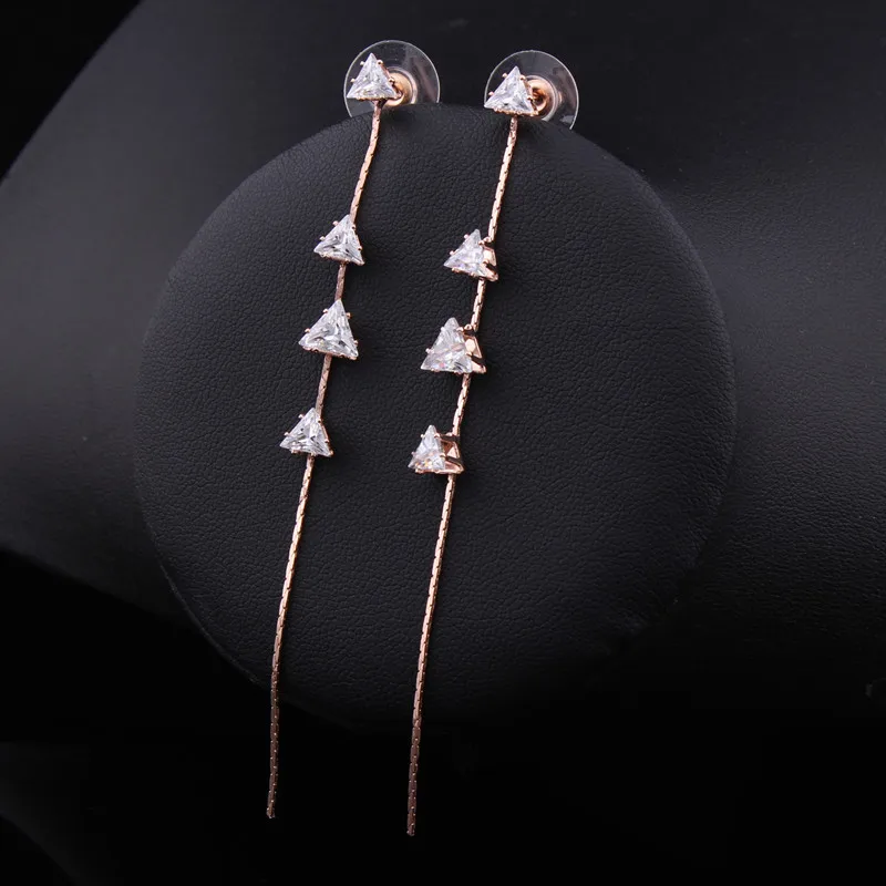 

SWOUR New Jewelry Rose Gold Color Cubic Zircon CZ Triangle Long Dangle Earrings E1467