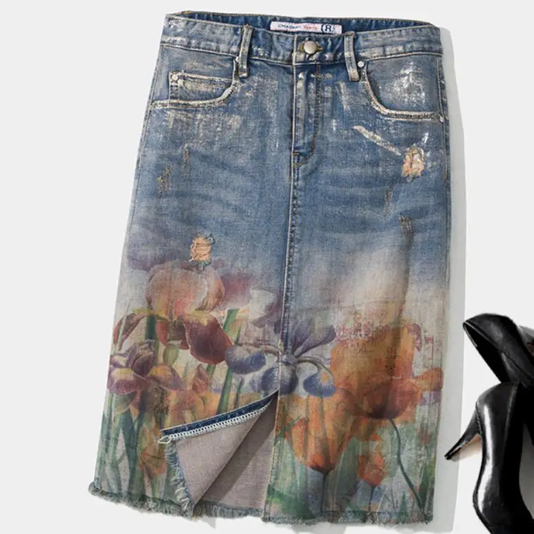 

2019 summmer vintahe painted denim skirt women high waist hole mahogany graffiti split jeans knee-length skirt