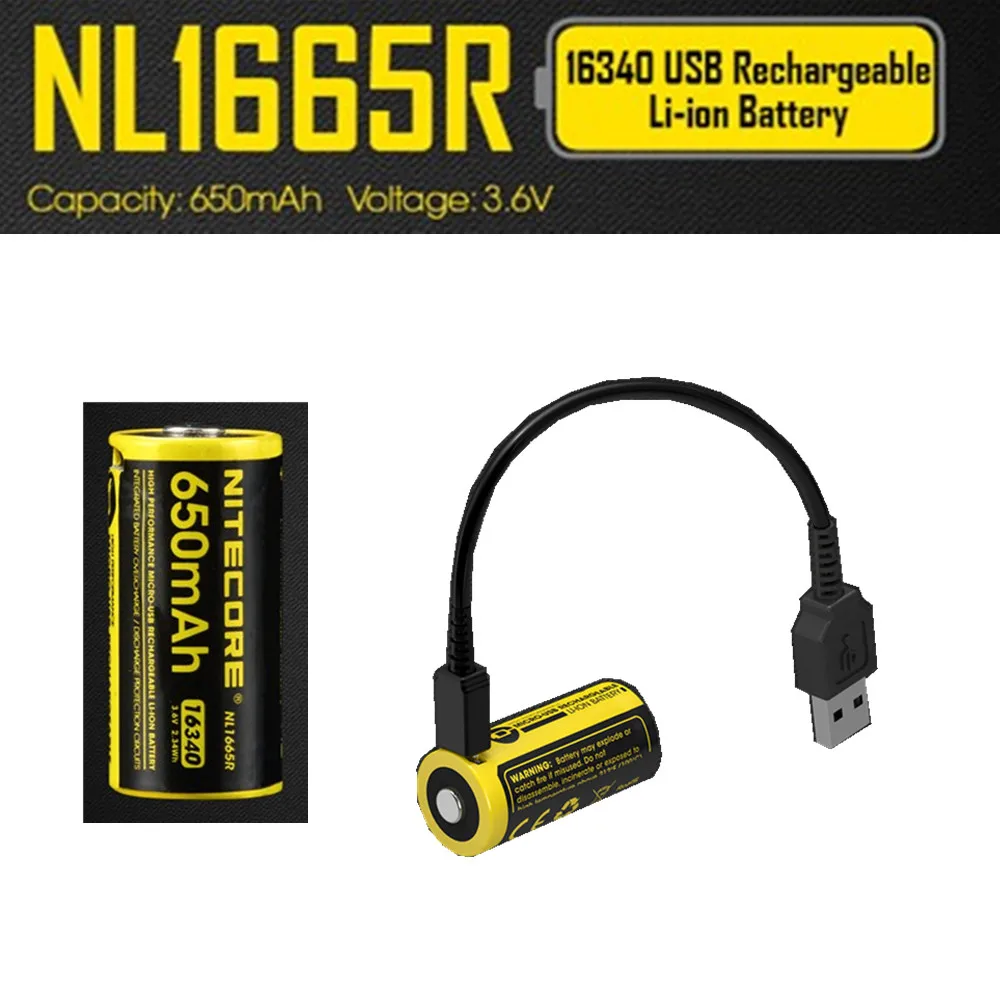 1 шт. NITECORE NL1665R Встроенный Micro-USB зарядный порт перезаряжаемые батареи 650 мАч 16340