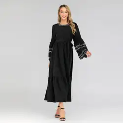 Для женщин мусульманский Абаи платья с длинными рукавами и круглым вырезом и расклешенными рукавами плюс Размеры 5XL вышивка Дубай турецкие