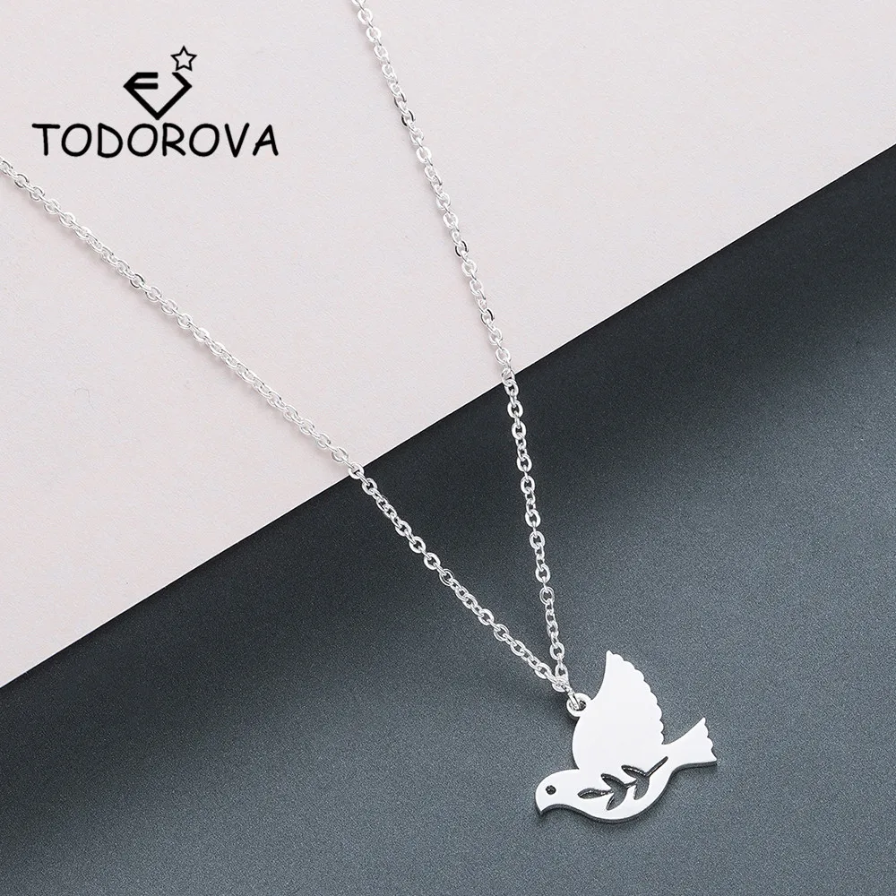 

Todorova Peace Dove Bird Pendant Necklace Stainless Steel Jewelry Long Necklace Olive Branch Leaf Necklace Women Accessories