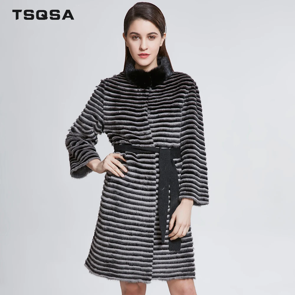 

TSQSA Mink Fur Female Coat Real Rex Rabbit Fur Patchwork Women Clothing Natural Fur Belt Clothes Warm Fashion Lady Coats TAC1830